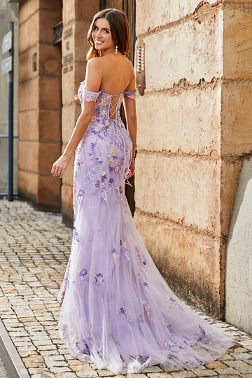 Malva Off The Shoulder Split Front Abito da ballo lungo a sirena con appliques